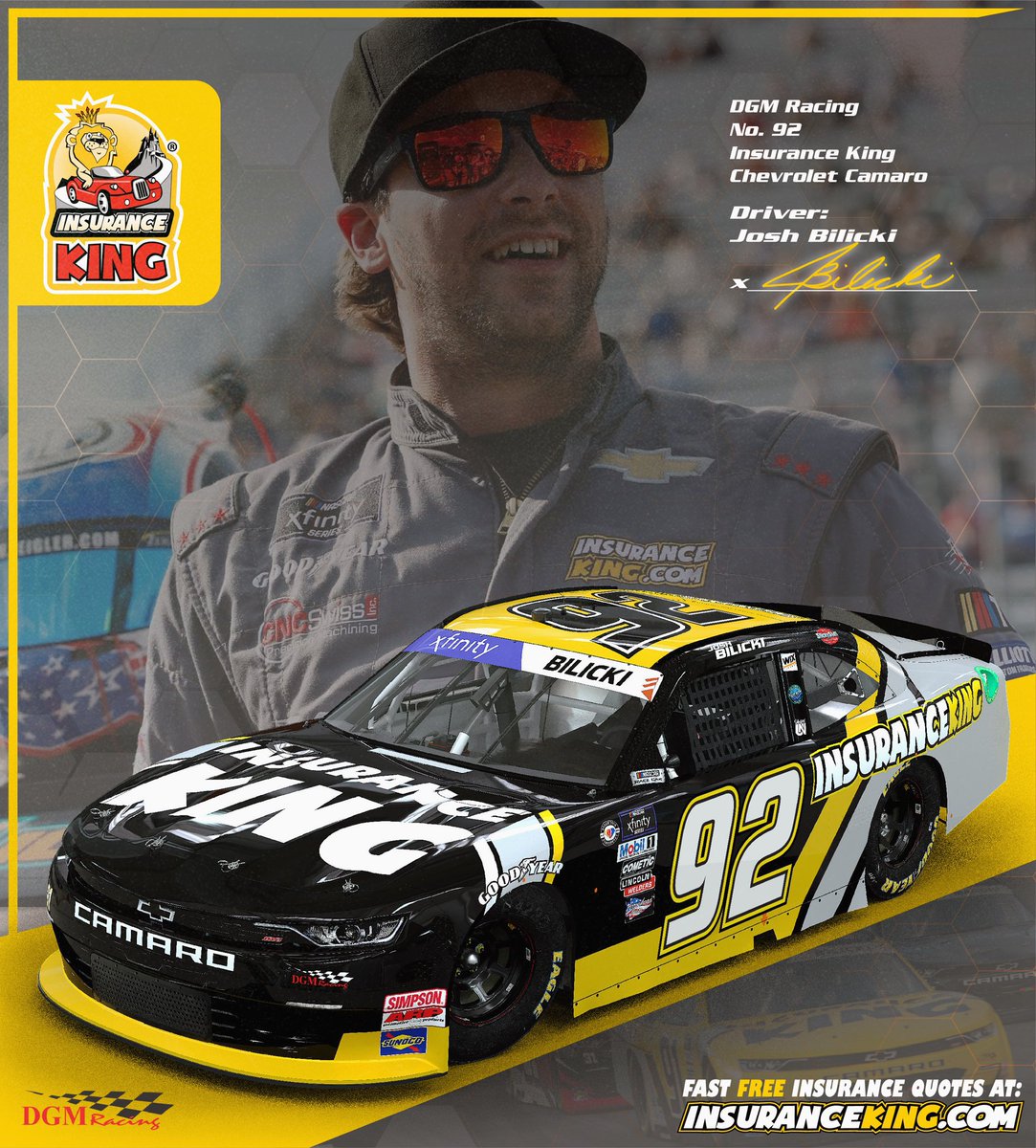 NEWS: Insurance King will sponsor @JoshBilicki and the @dgm_racing_ No. 92 in multiple NASCAR Xfinity Series events in 2024, starting at Talladega in April. #NASCAR