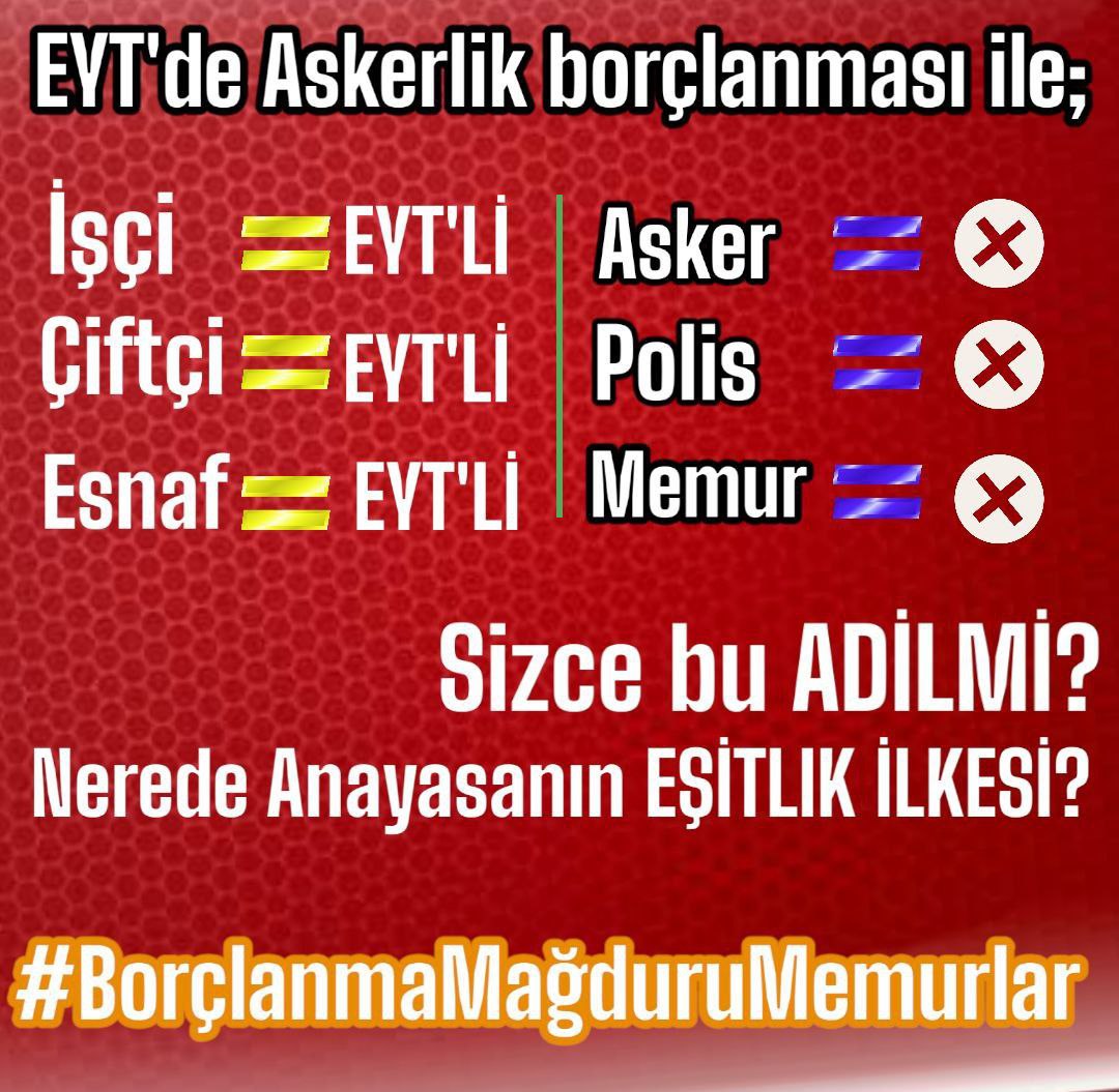 <a href="/VahdetOzkocak/">Prof. Dr. Vahdet ÖZKOÇAK</a> <a href="/TBMMresmi/">TBMM</a> <a href="/MhpTbmmGrubu/">MHP TBMM Grubu #MHP</a> <a href="/rprefahpartisi/">Yeniden Refah Partisi</a> <a href="/HurDavaPartisi/">HÜDA PAR</a> Cennet vatanımızın iç ve dış güvenliğini canı pahasına sağlayan Bizler Askerlik borçlanması mağduru Asker ve polisleriz.

Herkese verilen Askerlik borçlanma hakkı bizden neden esirgeniyor anlamış değiliz. Yetkililerden torba yasada çözüm bekliyoruz.
#BorçlanmaMağduruMemurlar