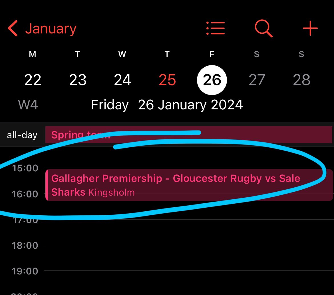 Are you sure <a href="/gloucesterrugby/">Gloucester Rugby 🍒</a>? 

Friday at 15:00? 

I think your subscribed calendar needs updating…