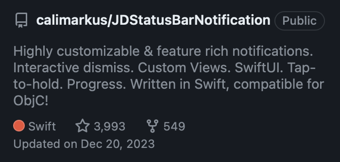 calimarkus's tweet photo. JDStatusBarNotifications trending towards ⭐️4000. Just 7 more to go! https://t.co/Ix2gypkOCU