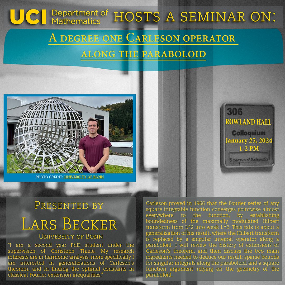 We welcome Lars Becker in presenting his recent results in harmonic analysis today! #ucimath