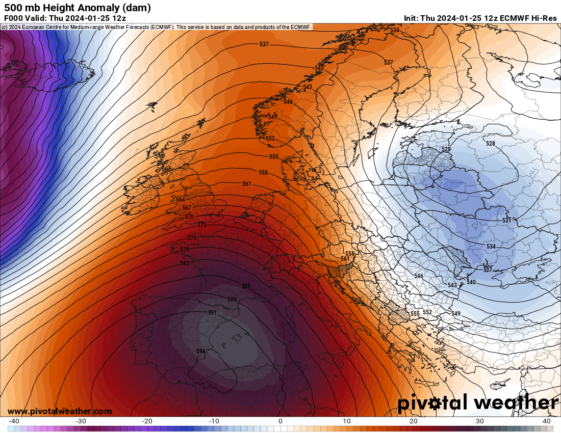 Wowza! It's no wonder looking at the heat dome that has built over Spain. These 500 millibar heights would be excessively high for July let alone January. @MichaelEMann @KHayhoe @ProfStrachan @ClimateHuman @BMcNoldy @BrianMcHugh2011