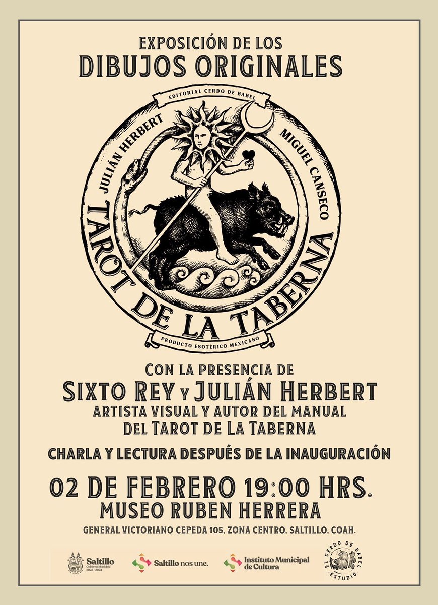 julian_herbert's tweet photo. Vuelve el Tarot de la Taberna a la taberna @elcerdodebabel. Esto será el 1 y el 2 de febrero,  con la potente presencia del maestro Sixto Rey. https://t.co/EezvP0io0G
