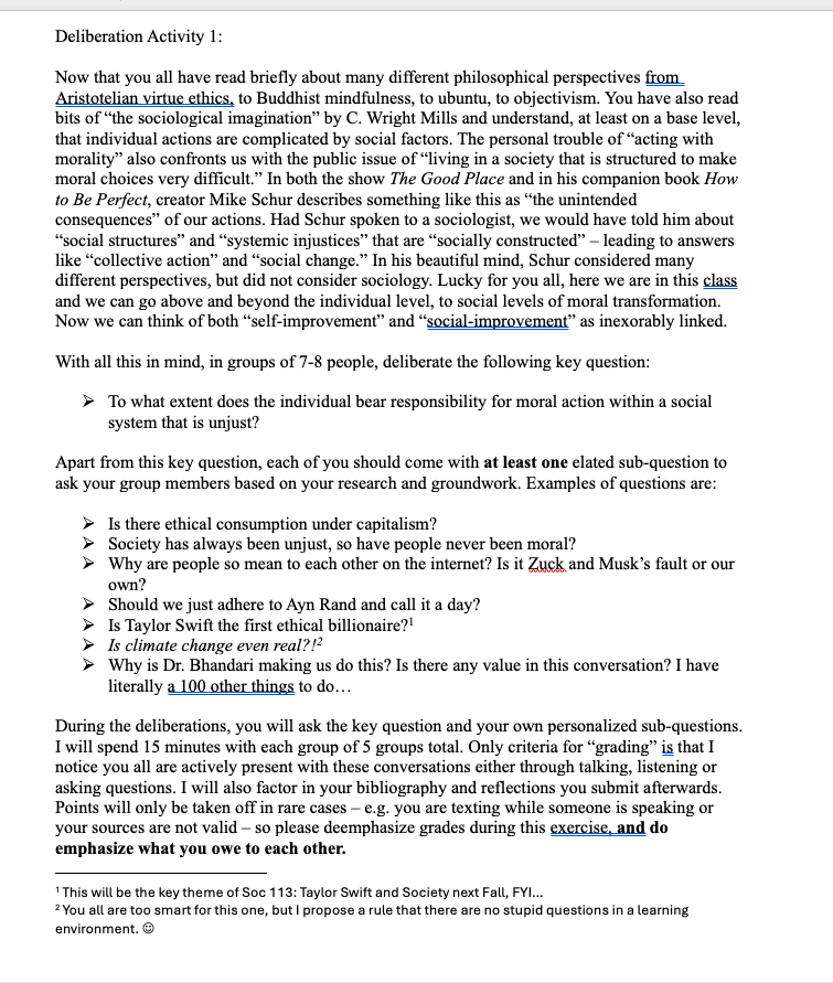 Details for the first assignment in my Sociology of the Good Place class, which is going even better than I imagined so far. :)