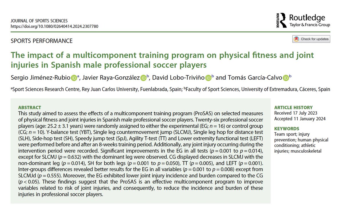 Specialized Training™️ (@tatopek1) on Twitter photo 🆕"The effects of a multicomponent training program on selected measures of physical fitness and joint injuries in professional ⚽️ players" 🇪🇸
▶️ Effective to improve variables related to risk of joint injuries
👉<a href="/sjimenezrubio_/">Sergio Jiménez Rubio (PhD)</a> et al, 2024
📂Open access: researchgate.net/publication/37… 🆕"The effects of a multicomponent training program on selected measures of physical fitness and joint injuries in professional ⚽️ players" 🇪🇸
▶️ Effective to improve variables related to risk of joint injuries
👉<a href="/sjimenezrubio_/">Sergio Jiménez Rubio (PhD)</a> et al, 2024
📂Open access: researchgate.net/publication/37…