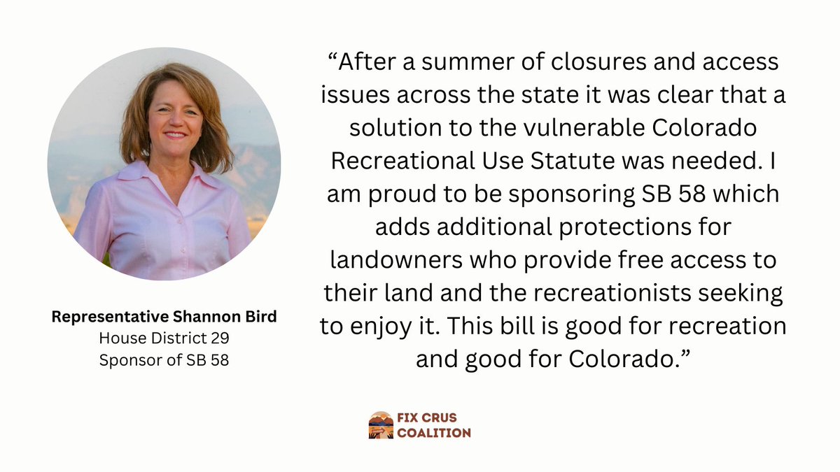 Thank you, Representative Bird, for sponsoring SB-58 to protect outdoor recreation access in Colorado, including the iconic 14ers, by updating a critical state statute.

Take Action Now 👉 zurl.co/Y8h6 

#FixCRUS #Colorado14ers #ActionAlert #CoLeg #14ers #CoPolicy