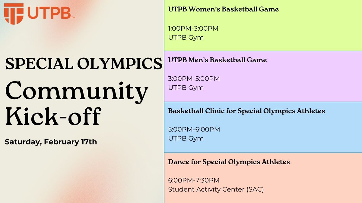 UT Permian Basin is thrilled to announce that we are officially a part of the Special Olympics Texas!

The University will be holding a campus-wide kick-off on Wednesday, January 31 from 11am-1pm at the UTPB Gym. 

Read full story: ow.ly/ycuC50Quzgl

#UTPB  #SpecialOlympics
