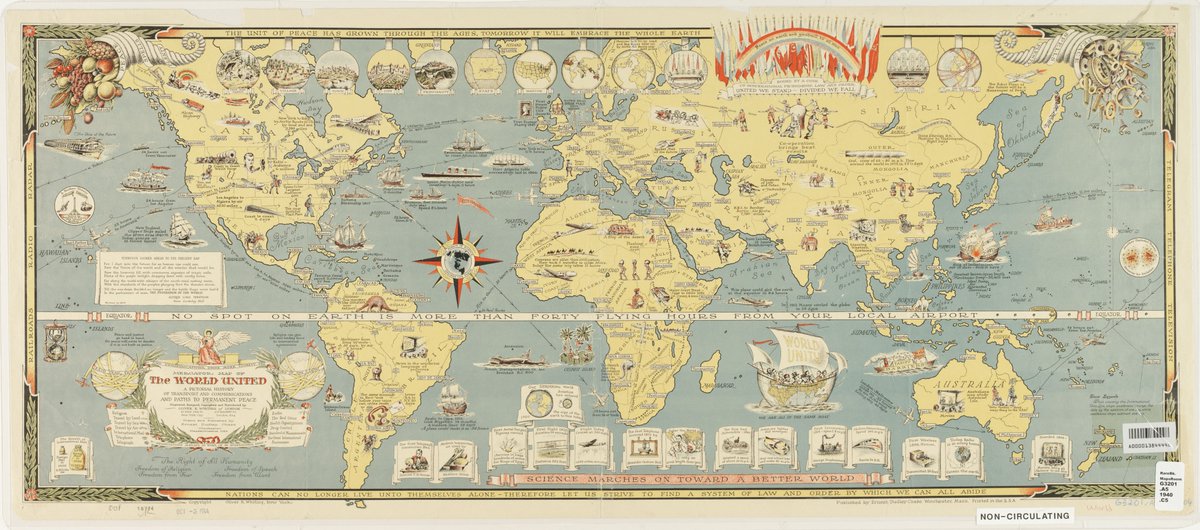 This is a wild world map Some Americans projecting utopian dreams of world peace & unity (through the power of technology) right after D-Day, ca. October 1944. Before the Cold War hit. I wonder what secret world maps AI futurist utopian tech bros are drawing up right now