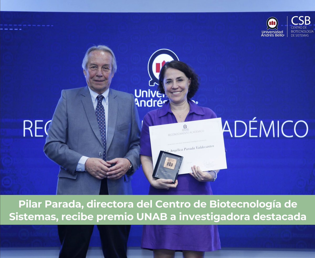 🏆 Nuestra directora, <a href="/PilarParada/">Pilar Parada</a>, recibió hoy el "Premio a investigadora mujer destacada", entregado por el rector Julio Castro en la ceremonia de Reconocimiento Académico y Proyectos Destacados de Gestión 2023 de la <a href="/uandresbello/">U. Andrés Bello</a>