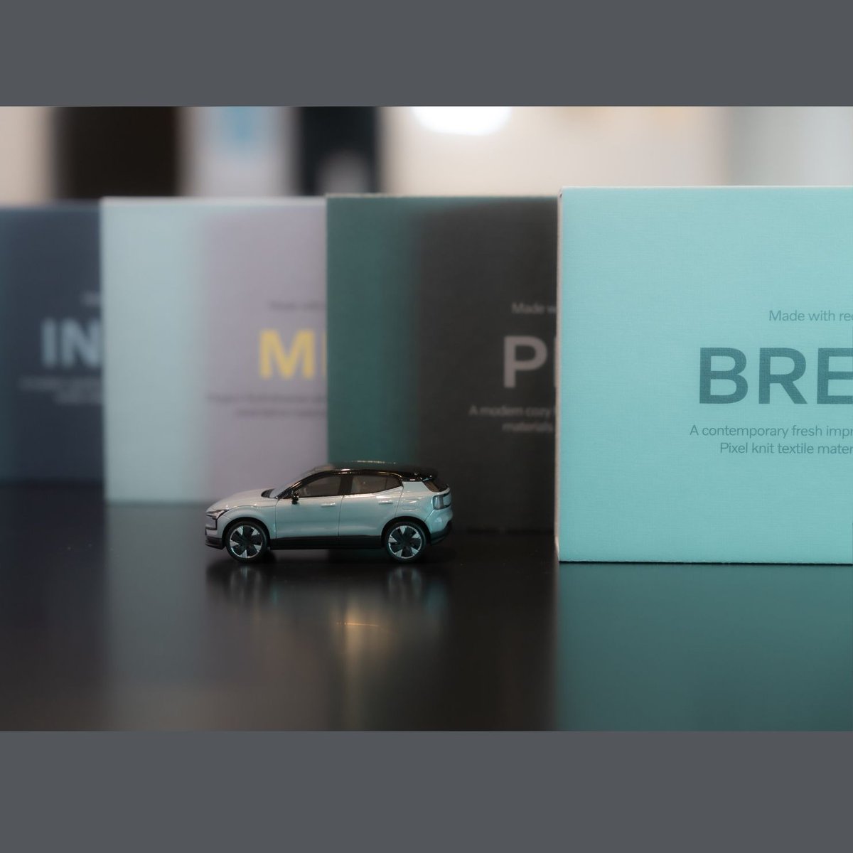 volvocalgary's tweet photo. When you build your EX30 you can choose 1 of 4 interior themes, inspired by nature. The beautiful colour-coordinated upholsteries and décor are from renewable and recycled materials such as denim and flax. Stop by Valentine Volvo and ask to see the design boxes learn more! https://t.co/sc98P2La2d