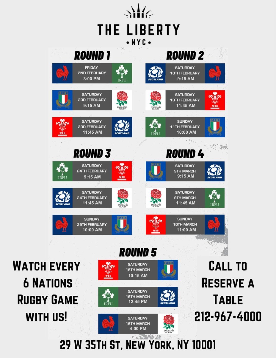 The <a href="/SixNationsRugby/">Guinness Men's Six Nations</a> is upon us again! Catch ALL the games at <a href="/TheLibertyNYC/">The Liberty NYC</a> (all times local) on 35th Street btw 5th &amp; 6th. More info here: thelibertynyc.com