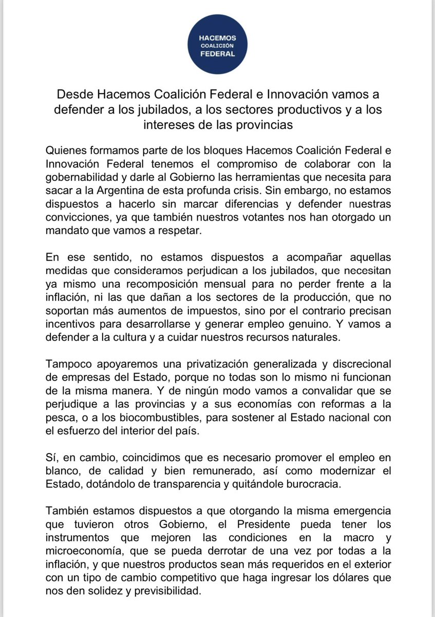 COMUNICADO #LeyÓmnibus 👇🏻 Vamos a defender a los jubilados, a los sectores productivos y a los intereses de las provincias.
