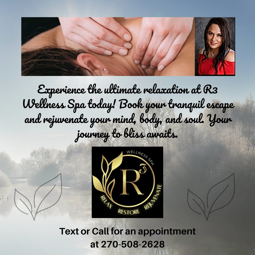 🌿✨ Unwind, Recharge, Reconnect at R3 Spa ✨🌿 At R3 WelnessSpa, they offer a haven of serenity, a place to let go of stress and a moment to renew your spirit. Book your appointment today. Call or Text for an appointment 270-508-2628🌸 #R3WellnessSpa #Relaxation #SelfCare