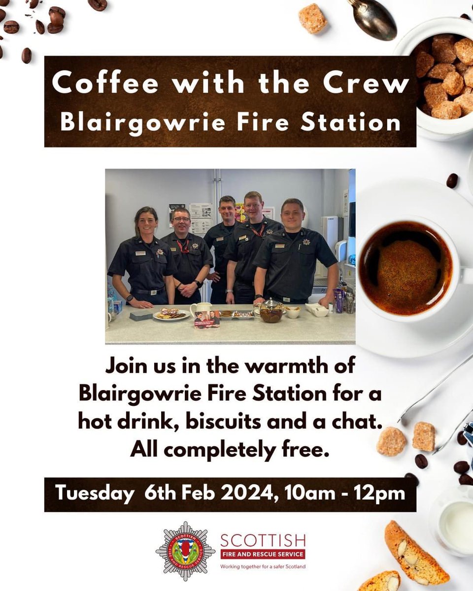 COFFEE WITH THE CREW ☕️👩🏼‍🚒 Thanks to everyone that came along to our ‘Coffee with the crew’ on Tuesday. We look forward to seeing you all again soon 😄 📆 Tues 6th Feb 2024 ⏰ 10:00 - 12:00 Free tea, coffee and biscuits provided in our warm fire station 🤩 #SFRSInTheCommunity
