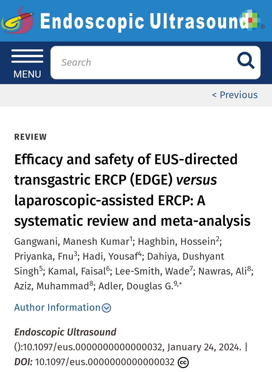 Dushyant Singh Dahiya, MD (@dushdahiya) on Twitter photo 🌟New Pub🌟
Efficacy & Safety of EDGE vs Laparoscopic-Assisted ERCP: A Meta-analysis📊📈
journals.lww.com/eusjournal/ful…
<a href="/mk_gangwani/">Manesh Kumar Gangwani, MD MPH</a> <a href="/DrFkamal/">Faisal Kamal</a> @wadeleesmith <a href="/Aziz_M50/">Muhammad Aziz</a> <a href="/DouglasAdlerMD/">Douglas G. Adler MD, FASGE, FACG, AGAF</a> <a href="/ASGEendoscopy/">ASGE GI Endoscopy</a> <a href="/AmerGastroAssn/">American Gastroenterological Association (AGA)</a> <a href="/AASLDtweets/">AASLD</a> #GITwitter #LiverTwitter #MedEd #MedTwitter #Endoscopy #GI 🌟New Pub🌟
Efficacy & Safety of EDGE vs Laparoscopic-Assisted ERCP: A Meta-analysis📊📈
journals.lww.com/eusjournal/ful…
<a href="/mk_gangwani/">Manesh Kumar Gangwani, MD MPH</a> <a href="/DrFkamal/">Faisal Kamal</a> @wadeleesmith <a href="/Aziz_M50/">Muhammad Aziz</a> <a href="/DouglasAdlerMD/">Douglas G. Adler MD, FASGE, FACG, AGAF</a> <a href="/ASGEendoscopy/">ASGE GI Endoscopy</a> <a href="/AmerGastroAssn/">American Gastroenterological Association (AGA)</a> <a href="/AASLDtweets/">AASLD</a> #GITwitter #LiverTwitter #MedEd #MedTwitter #Endoscopy #GI