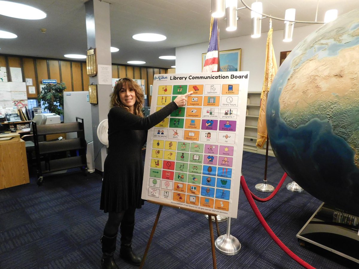 Yesterday, NJSHA President Donna Spillman-Kennedy and AAC Committee Chair Barbra Seltzer met with Maurice M. Pine Free Public Library Director Adele Puccio and Head of the Children's Department, Kate Nafz, for the launch of the library communication boards! (1/2)