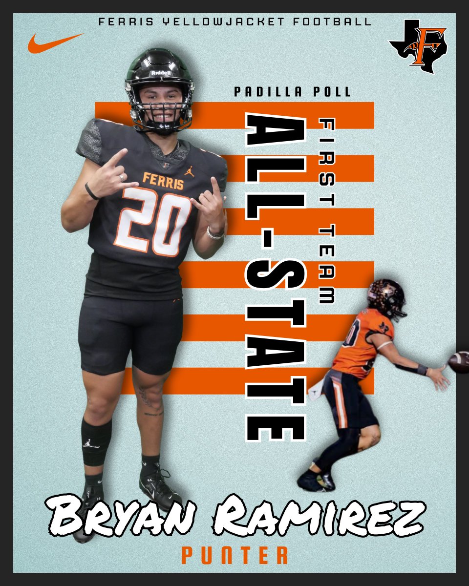 FerrisFB_'s tweet photo. Congratulations to senior punter @BryanRamirez_23 on earning the honor of being named @padillapoll First Team All-State! 🏈

🟠⚫️⚪️

@StevenGreek1 @AdamOlson1982 @Coach_LColvin @SportsDayHS @dfwvarsity @EllisCoSports @dctf @ihss_dfw @FerrisISD @JacketNationFHS @ferrisallsports https://t.co/3iRMTouCYx