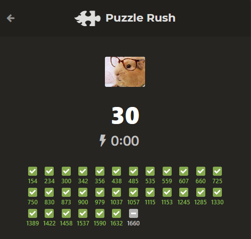 Finally got 30 in 3 min puzzle rush!!! Wouldn't have done it without the support and coaching of <a href="/SimplyDevina/">Devina</a>!💙100% recommend her as a coach even as a casual online player. My ratings have only been going up since getting lessons. #chess #chesspunks #puzzlerush
