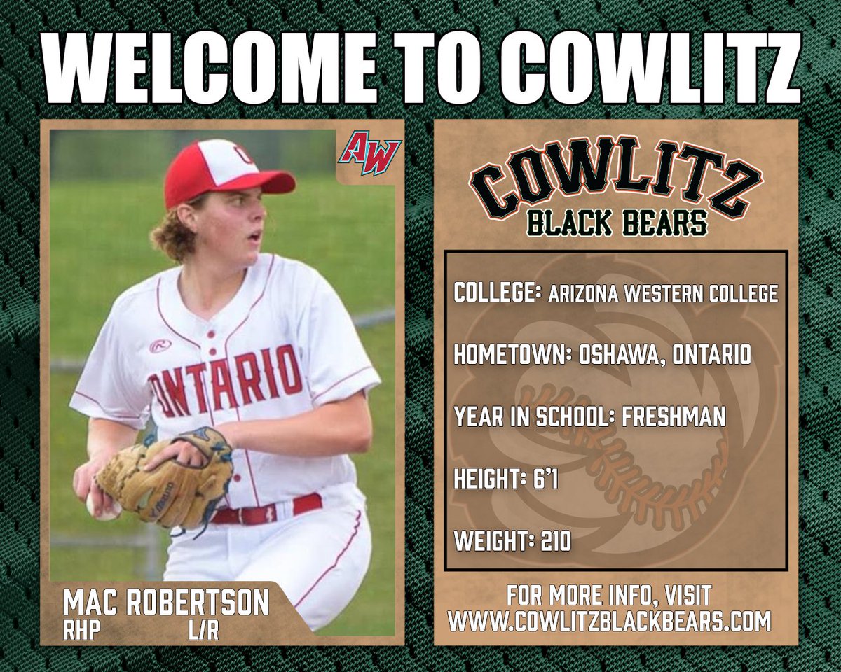 The Black Bears are excited to welcome RHP Mac Robertson to the 2024 squad! This <a href="/awcbaseball/">AZ Western Baseball</a> freshman is an ultra projectable right hander from north of the border in Oshawa and will be a key piece of the pitching staff this summer 🐻⚾