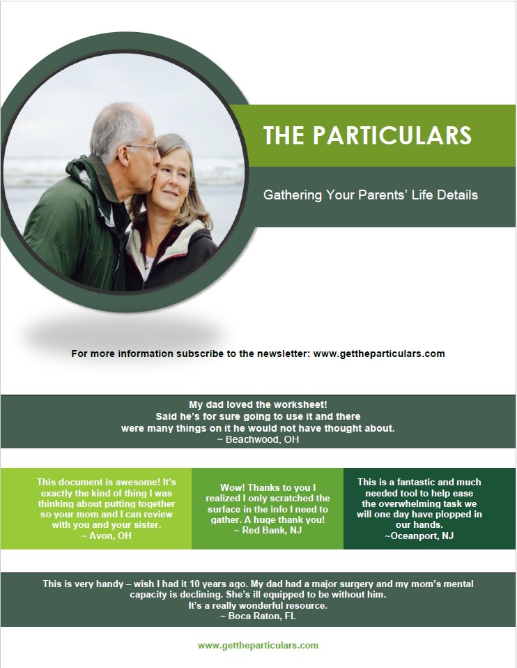 GetParticulars's tweet photo. The Particulars Workbook is available!

Get help gathering and organizing the important details of your aging parents.

31 pages of worksheets and information on topics including legal, financial, utilities  &amp;  bill paying, tech, doctors, cars and more
https://t.co/qE2eZlDjxE https://t.co/eBB5CbT6iW