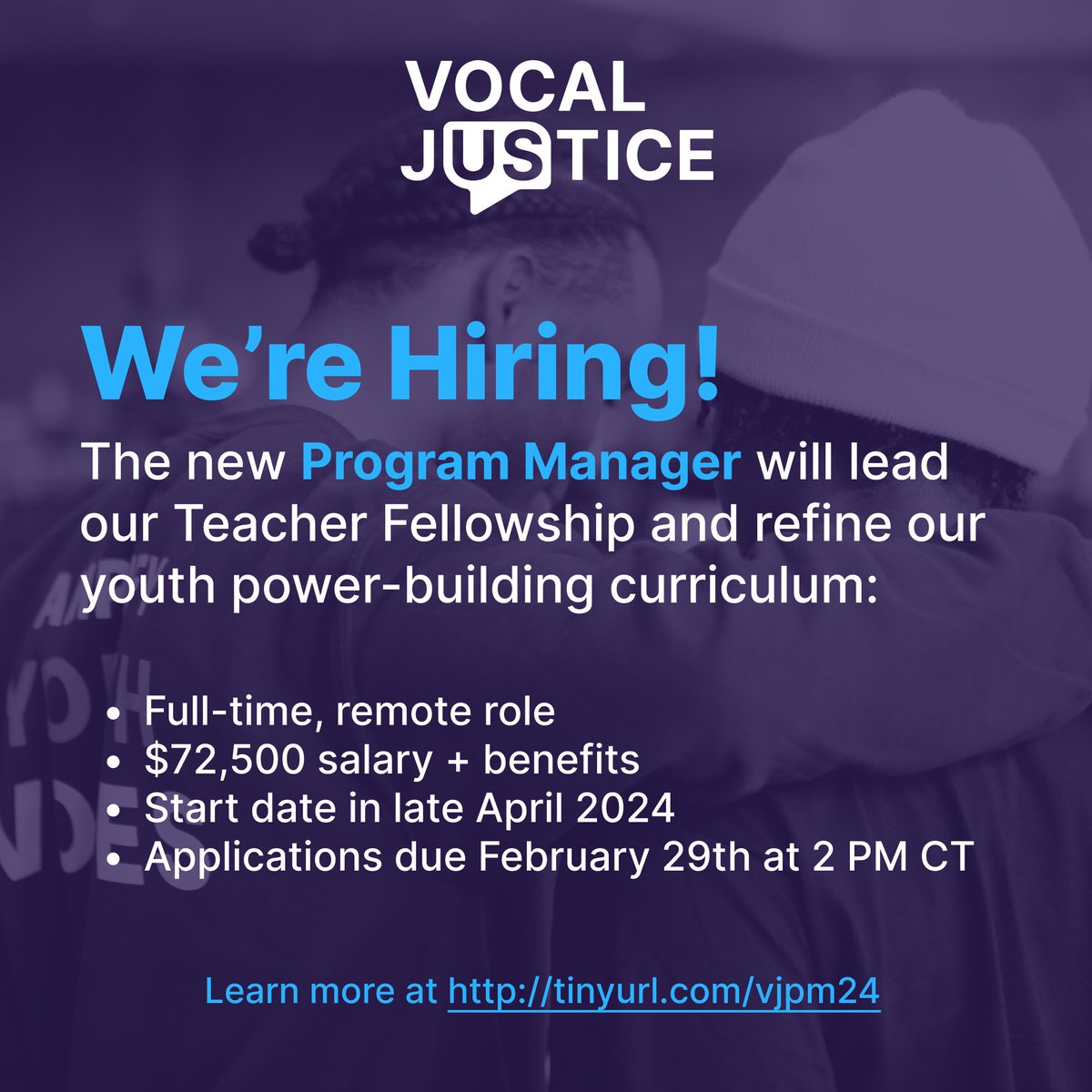 vocal_justice's tweet image. Here’s your opportunity to join the Vocal Justice team! Learn more about the Program Manager role by visiting tinyurl.com/vjpm24

#employment #programmanager #nonprofit #remotework #vocaljustice