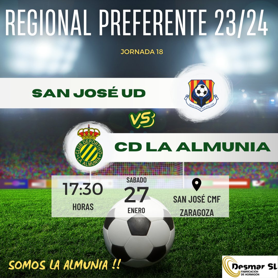 Nuestro primer equipo se desplaza a Zaragoza para jugar la 18° jornada de liga.   Partido adelantado al Sábado y partido muy importante.  Ya sabes, si quieres o estás por Zaragoza,  vente para animar tu equipo @cd.laalmunia . Aúpa La Almunia 💚 💛.