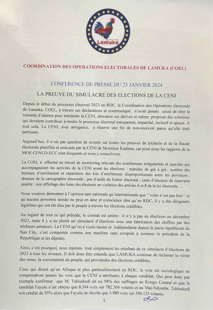 NzuziSwanaJoel's tweet photo. «…Nous déclarons que la crise de légitimité persiste enRDC &amp; nous demandons aux élites congolaises de sortir de leur torpeur &amp; de prendre conscience que lepays court un danger de dislocation.
Pour nous libérer,nous ne pouvons compter que sur nous-mêmes,c’est notre devoir»la COEL https://t.co/s1mKAPzGms