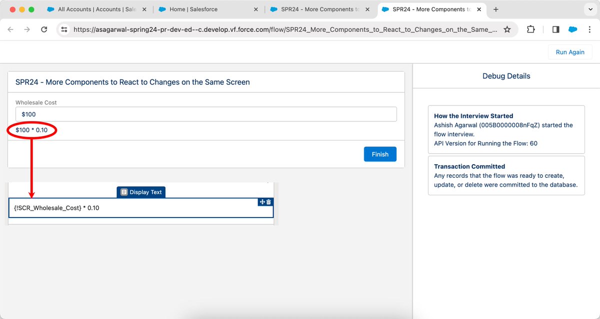 asagarwal's tweet photo. #SalesforceSpring24 Reactivity in Screen Flow expands to "Display Text" &amp; "Long Text" components. They now react to changes in other components on the same screen 🙌 E.g. any changes to the “Wholesale Cost” will be updated in real time in Display Text. 

https://t.co/ecb5gcbiMK https://t.co/mND36uUCdt
