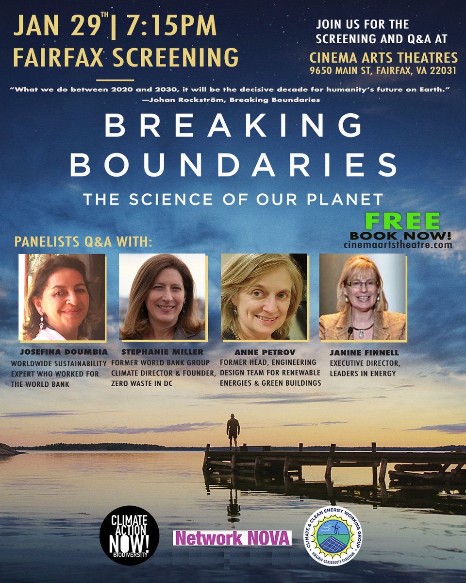 JanineFinnell's tweet photo. Join us for a in-person event featuring the "Breaking Boundaries" movie on Monday, January 29th at 7:15 pm in Fairfax, VA. The event will include a panel discussion on clean energy, zero waste, and other topics. Register now and find more details at: https://t.co/7tpIebbotX. https://t.co/rHc0Bu4ezC