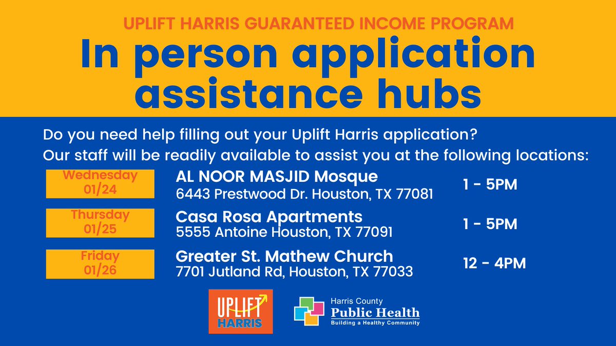 👀Do you need help filling out your Uplift Harris application? No worries! 🙌🏼Our staff will be readily available to assist you at the following locations! 🤝 Can’t make it? Visit uplift.harriscountytx.gov or call us at 832-927-6060 to apply today! #UpliftHarris
