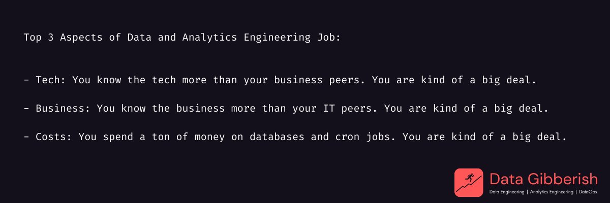 heyivanovyordan's tweet image. Top 3 Aspects of Data and Analytics Engineering Job:
- Tech: You know the tech more than your business peers.
- Business: You know the business more than your IT peers.
- Costs: You spend a ton of money on databases and cron jobs.
#data #dataengineering #analyticsengineering