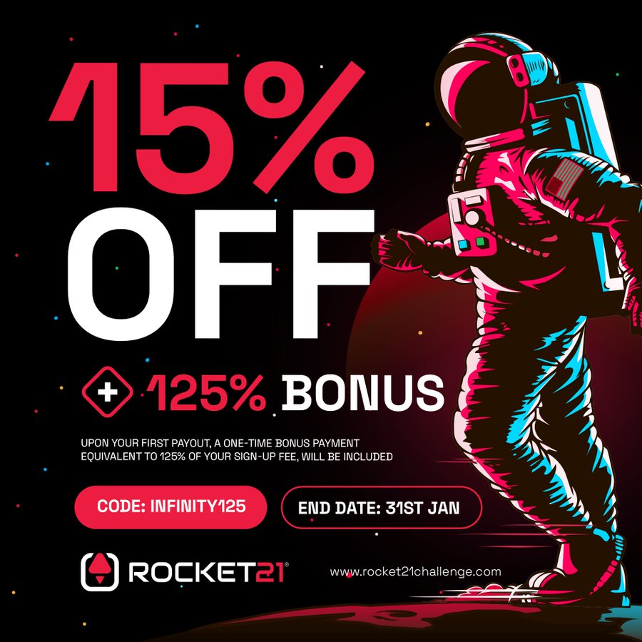 Galactic Reminder! 🌌✨ Infinity125 offers a 15% discount + 125% bonus 🪐 Use Promo Code: Infinity125. Act before January 31st to elevate your finances. Ready for this cosmic journey? Register now! #Infinity125 #GalacticSavings

Also, kick off the year with ROCKET2024! 🚀 Get 42%…