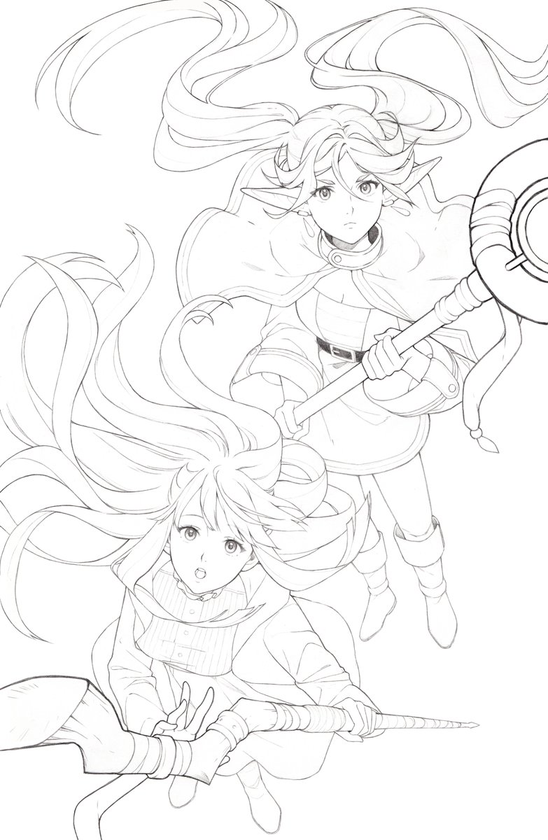 For anyone curious, I drew the line art of this illustration traditionally :) I made some changes to it in the final. (Most notably, Frieren is not longer angry haha) but for the most part everything stayed the same. 