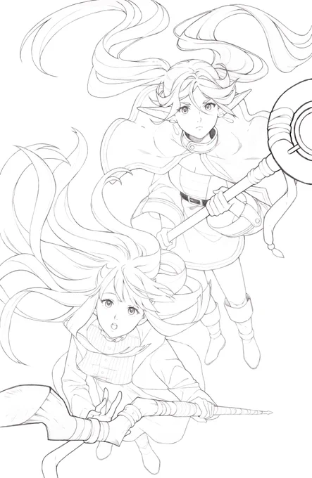 For anyone curious, I drew the line art of this illustration traditionally :) I made some changes to it in the final. (Most notably, Frieren is not longer angry haha) but for the most part everything stayed the same. 