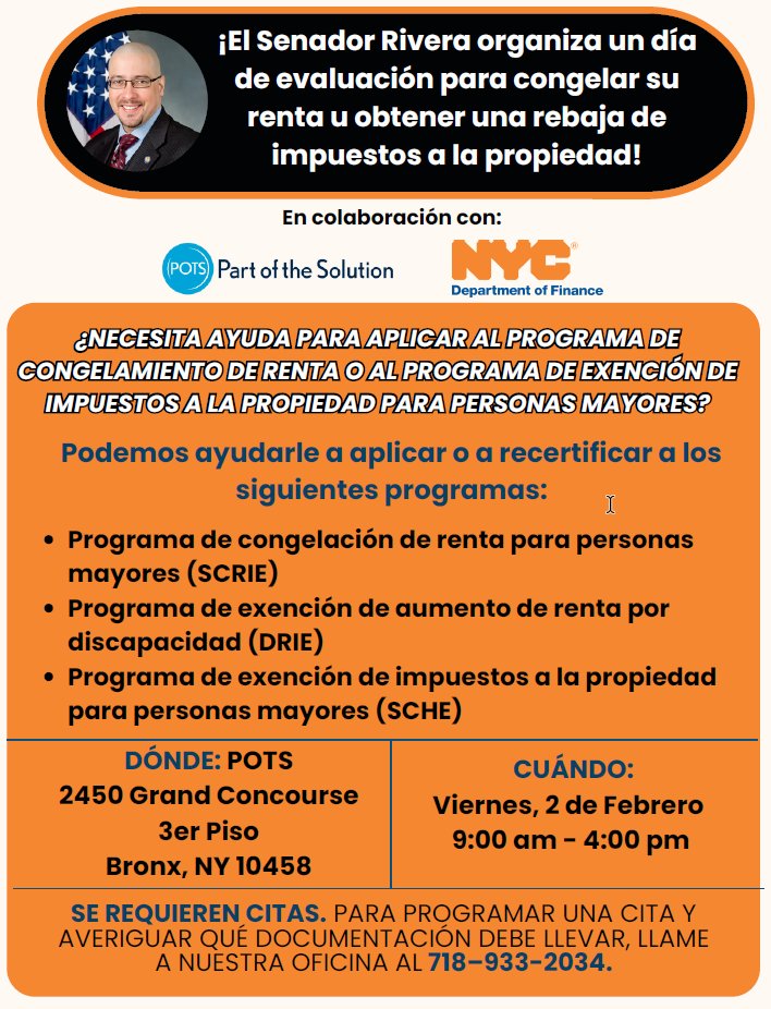 POTSBronx's tweet photo. POTS is partnering with @nysenatorrivera for a Tax Break/Rent Freeze Screening Day (SCRIE/DRIE applications)! If you want to participate, you will need an appointment, so please call 718-933-2034 to secure your spot.
#SCRIE #DRIE #partofthesolution #community https://t.co/eamth9jVkr