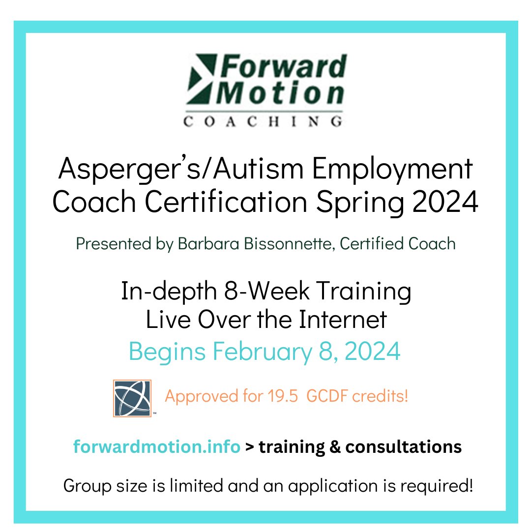 BEGINS FEB 8! Coach adults with Asperger’s Syndrome and similar autism spectrum profiles to choose the right job or career, find employment, and stay hired. Group size is limited!

vist.ly/xq4n

#aspergers #autism #autismworks #actuallyautistic #aspie @AspergerCoach