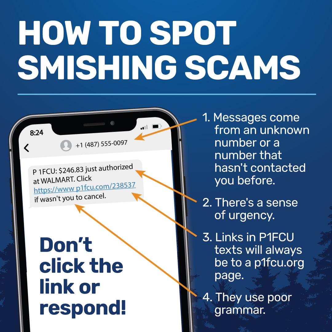 Recently, we've received reports of members receiving fraudulent texts from people posing as P1FCU employees and attempting to scam them. Remember, you can find secure ways to contact us at p1fcu.org/contact-us. #informationsecurity #fraudprotection #financialwellness