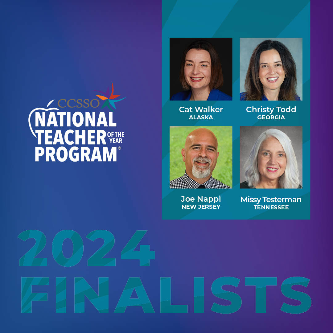 CCSSO's tweet photo. The #NTOY24 finalists engage students through connections to the world inside and outside of the classroom. 

Learn more about Cat Walker (AK), Christy Todd (GA), Joe Nappi (NJ) and Missy Testerman (TN) at https://t.co/dwtktxVifZ! https://t.co/jeclhInadF