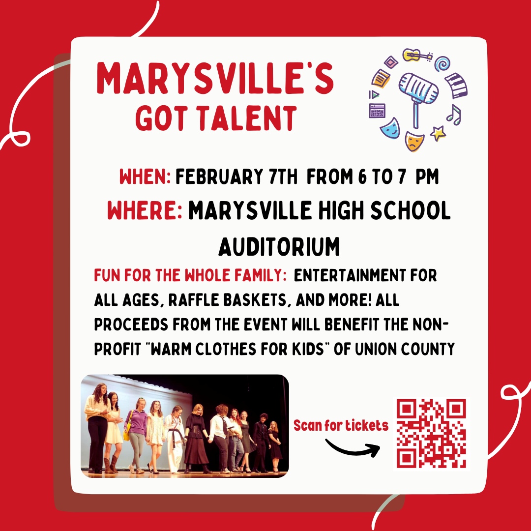 Join Us for ‘Marysville’s Got Talent’ at the Marysville High School Auditorium, organized by three of our high schoolers! 🎤 🎭

Get ready for an evening packed with entertainment! Our local stars are all set to dazzle you with an array of performances! Expect a night full of ...