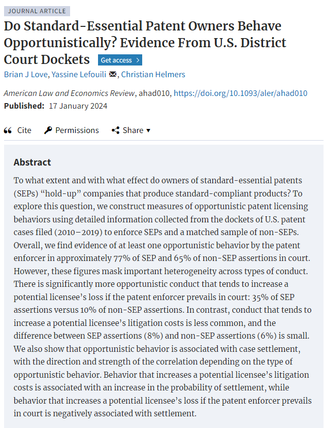 My paper with <a href="/crhelmers/">Christian Helmers</a> and Yassine Lefouili examining the frequency and determinants of opportunistic conduct (i.e., hold up) by SEP enforcers was published last week by the American Law &amp; Economics Review academic.oup.com/aler/advance-a…
