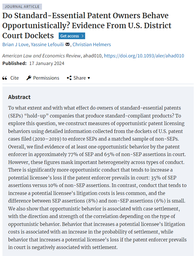 My paper with @crhelmers and Yassine Lefouili examining the frequency and determinants of opportunistic conduct (i.e., hold up) by SEP enforcers was published last week by the American Law & Economics Review academic.oup.com/aler/advance-a…