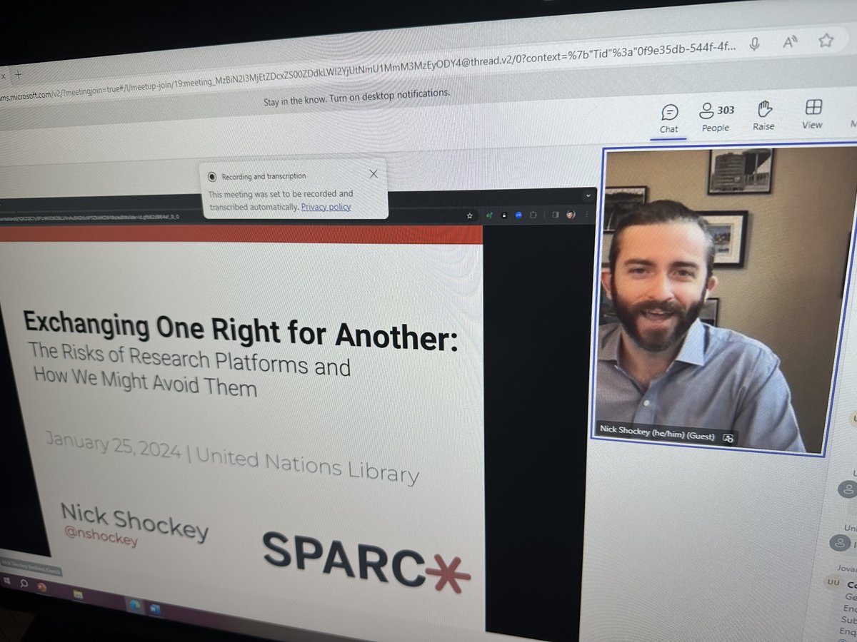 Speaking today at a <a href="/UNLibrary/">UN Library</a> webcast, <a href="/nshockey/">Nick Shockey</a> described the concerning emergence of research platforms and the privacy risks that arise when one vendor owns products across the research lifecycle. He cited SPARC's recent report on ScienceDirect: sparcopen.org/news/2023/spar…