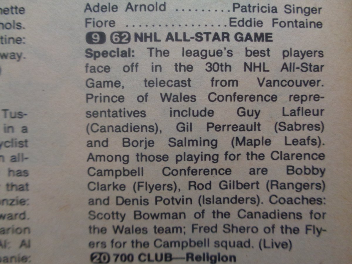 TV Listing of Yore: The 30th NHL All-Star Game was on Canada's CBC #OTD in 1977. #NHL