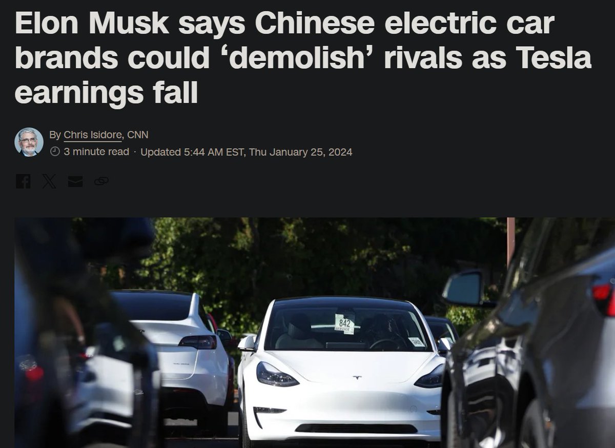 groninty's tweet photo. ⚡️ El fundador de @Tesla @elonmusk anunció que su compañía de vehículos eléctricos perdió el 1er lugar en ventas el último trimestre del año pasado frente a @BYDCompany, empresa de origen chino.

La compañía con la 1era posición en ventas enfrenta investigaciones en la Unión Europea por la práctica de "dumping" (bajar precio de venta hasta colocarlo bajo el precio del mercado local). El resultado decidirá si se colocan aranceles más altos.

De la misma forma, el mismo Musk - que hace pocas semanas congratulaba al presidente de argentina @JMilei por su discurso de total libre mercado - ha indicado que se deberán colocar aranceles para evitar que las empresas automotrices chinas destruyan a sus competidores globales. 

Parece que el discurso libertario le duró poco.

Esa es la discusión global sobre enfrentar a la creciente industria China. Además, varias denuncias sobre los relajados controles ambientales en procesos de producción y explotación laboral, todo para abaratar costos.

¿Cuál será el impacto del #TLCEcuadorChina a toda la industria de manufactura local ecuatoriana?

¿Dónde están los datos y las proyecciones?

¿Por qué no se ha hecho público el estudio de la CEPAL encargado por @Produccion_Ecu?

¿Bajo qué información van a decidir los asambleístas el ratificar o no el TLC?