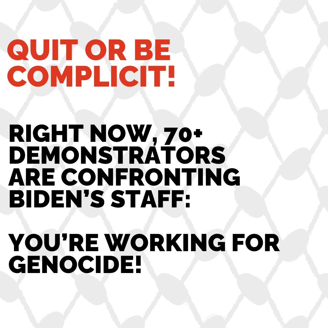 USCPR_'s tweet photo. These atrocities are the continuation of a long line of atrocities, including 76 years of Zionist occupation of Palestinian land and 16 years of siege on Gaza.
The only moral choice is to resign from Butcher Biden's administration. Quit your racist jobs NOW! #QuitGenocide https://t.co/oLP2SR9inP