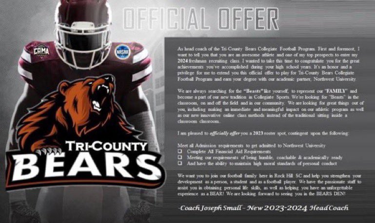 After a great talk with @TriCountyNWU3 i’m blessed to receive my first offer from tri-county bears! @CoachKingBI @CoachWagBI @shonb82 @R3cruitDatabase @ThebigU @CoachFam @coach_jrob31