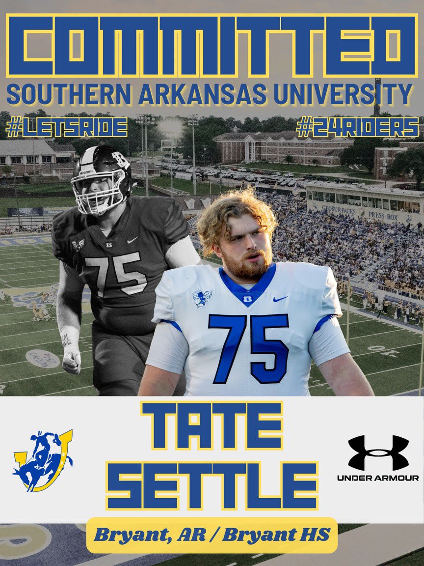 Tate Settle (@ctatesettle) on Twitter photo I am beyond blessed by all of the opportunities I have been given. With that being said I have committed to play football at Southern Arkansas University!!🔵🟡
#LetsRide <a href="/Coach_SandersQ/">Quad Sanders</a> <a href="/CoachJones08/">Julian Jones</a> @QueckTravis <a href="/SClancy75/">Shane Clancy</a> <a href="/adam_pender/">Adam Pendergrass</a> <a href="/GBock24/">Garrett Bock</a> <a href="/CoachBradSmiley/">Brad Smiley</a> <a href="/CoachPond53/">Coach Pond</a> I am beyond blessed by all of the opportunities I have been given. With that being said I have committed to play football at Southern Arkansas University!!🔵🟡
#LetsRide <a href="/Coach_SandersQ/">Quad Sanders</a> <a href="/CoachJones08/">Julian Jones</a> @QueckTravis <a href="/SClancy75/">Shane Clancy</a> <a href="/adam_pender/">Adam Pendergrass</a> <a href="/GBock24/">Garrett Bock</a> <a href="/CoachBradSmiley/">Brad Smiley</a> <a href="/CoachPond53/">Coach Pond</a>