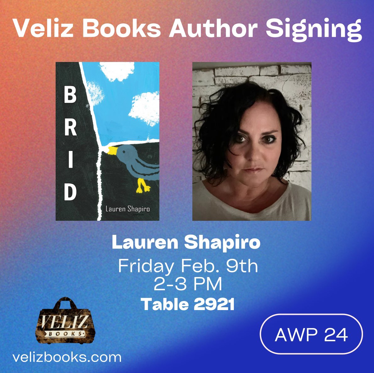 Veliz Books (@booksveliz) on Twitter photo Come hang out with our newest Veliz Books author, <a href="/LaurenShapiro14/">Lauren Shapiro</a> !!! Lauren will be signing her new book of poetry, BRID, Friday Feb. 9th from 2-3 PM at AWP, booth #2921 ๐ We hope to see you there! Come hang out with our newest Veliz Books author, <a href="/LaurenShapiro14/">Lauren Shapiro</a> !!! Lauren will be signing her new book of poetry, BRID, Friday Feb. 9th from 2-3 PM at AWP, booth #2921 ๐ We hope to see you there!