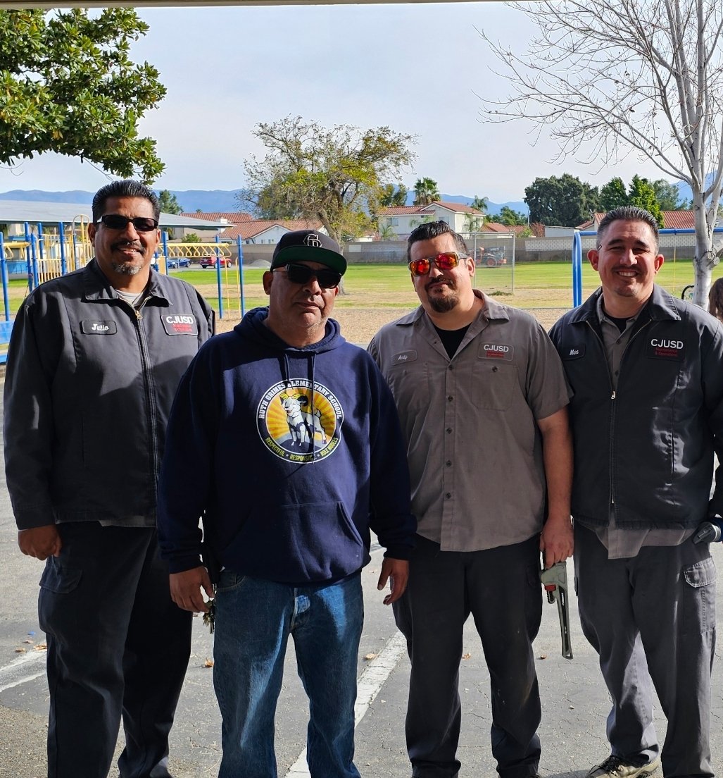 📣Big shout out to our amazing facilities team! Custodian Mark, maintenance worker Andy, and groundskeepers Julio & Marc have been working hard together to keep our busy site maintained and taken care of. We appreciate all of your hard work and dedication! #WeAreRAMS #cjusd