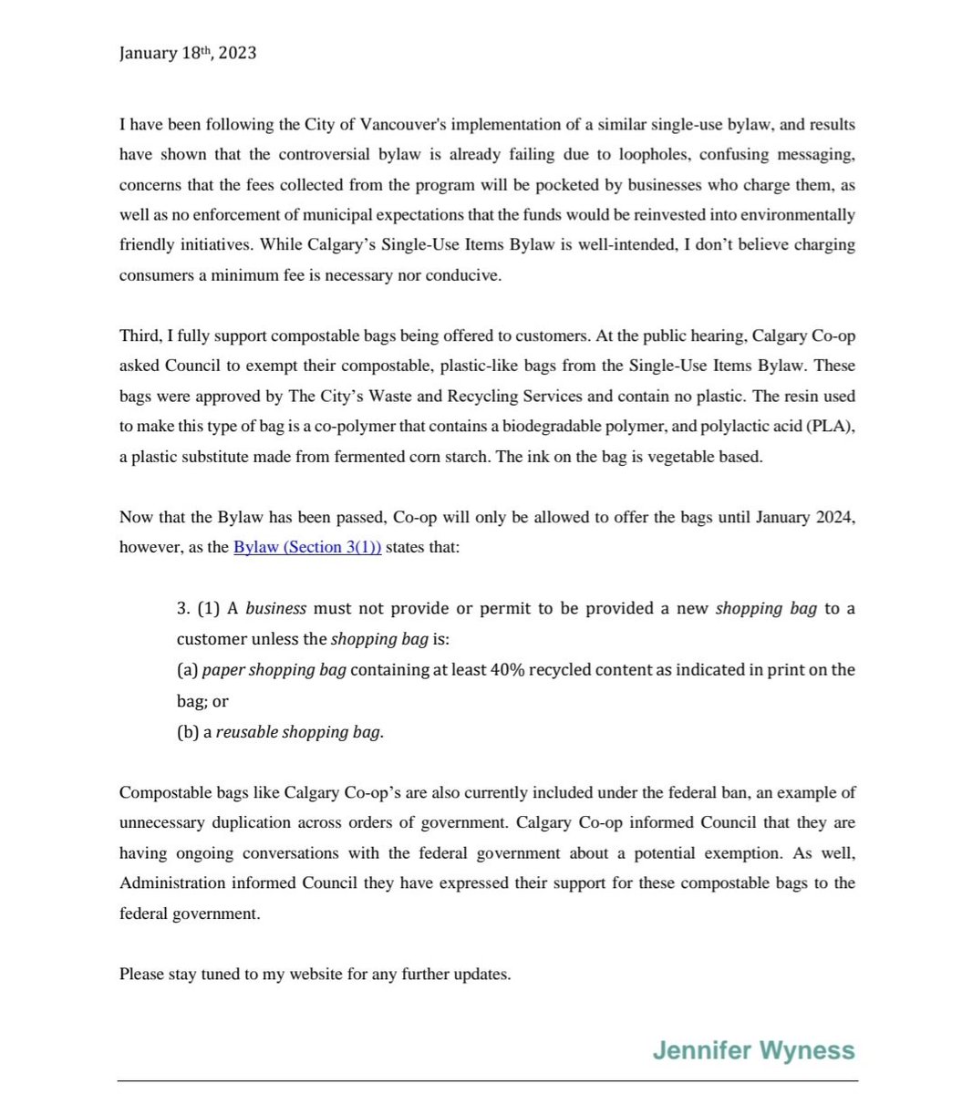 Calgarians are voicing significant frustration over the lack of forsight into the implementation of the single use items bylaw. My statement from a year ago. #yyccc